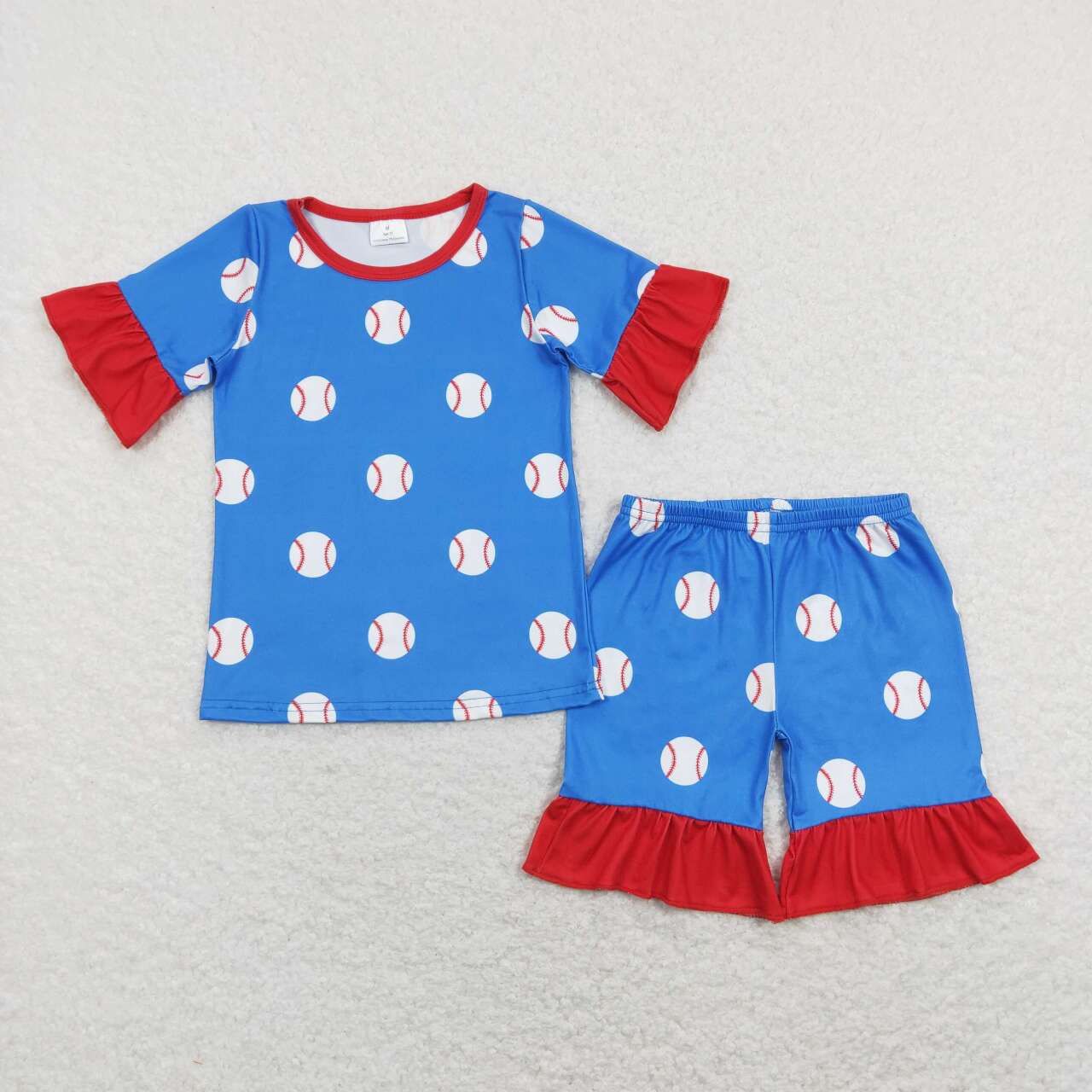 GSSO0525 Blue Red Softball Girls Short Sleeve Shorts Outfits Pajamas