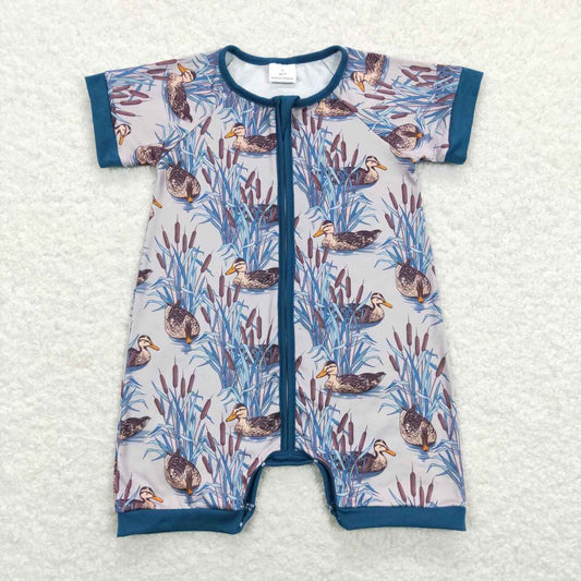 SR0802 Blue Fish duck Zipper Girls Short Sleeve Romper