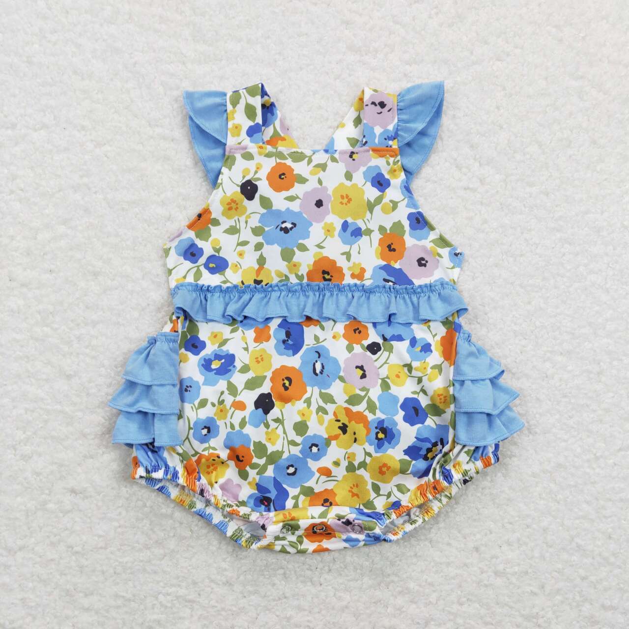 SR0824 Blue Yellow Floral Ruffles Girls Short Sleeve Romper
