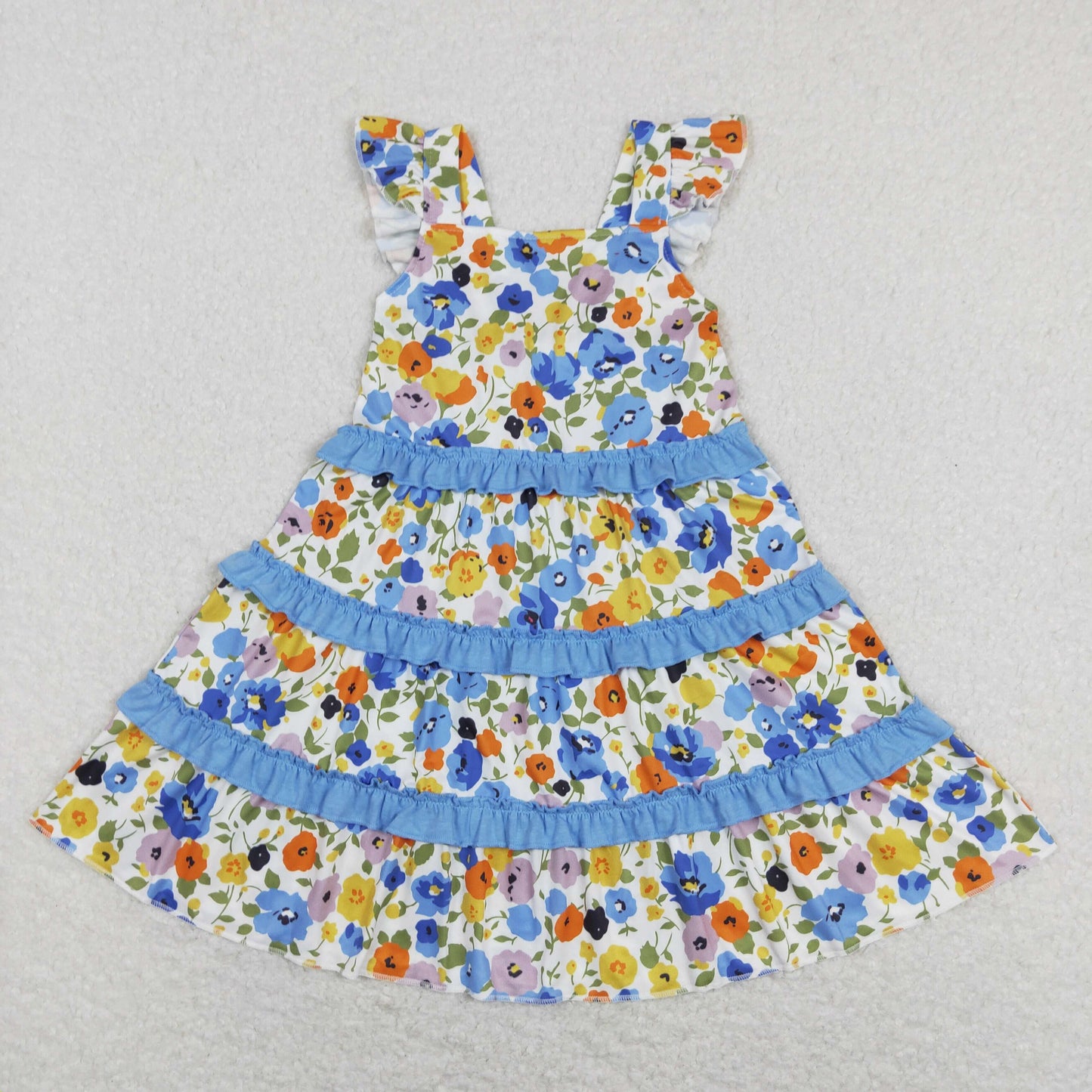GSD0682 Blue Yellow Floral Ruffles Girls Short Sleeve Dresses