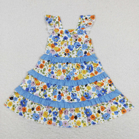 GSD0682 Blue Yellow Floral Ruffles Girls Short Sleeve Dresses