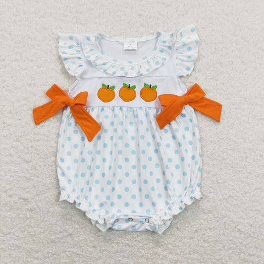 SR0737 Orange Peach Embroidery Girls Short Sleeve Romper