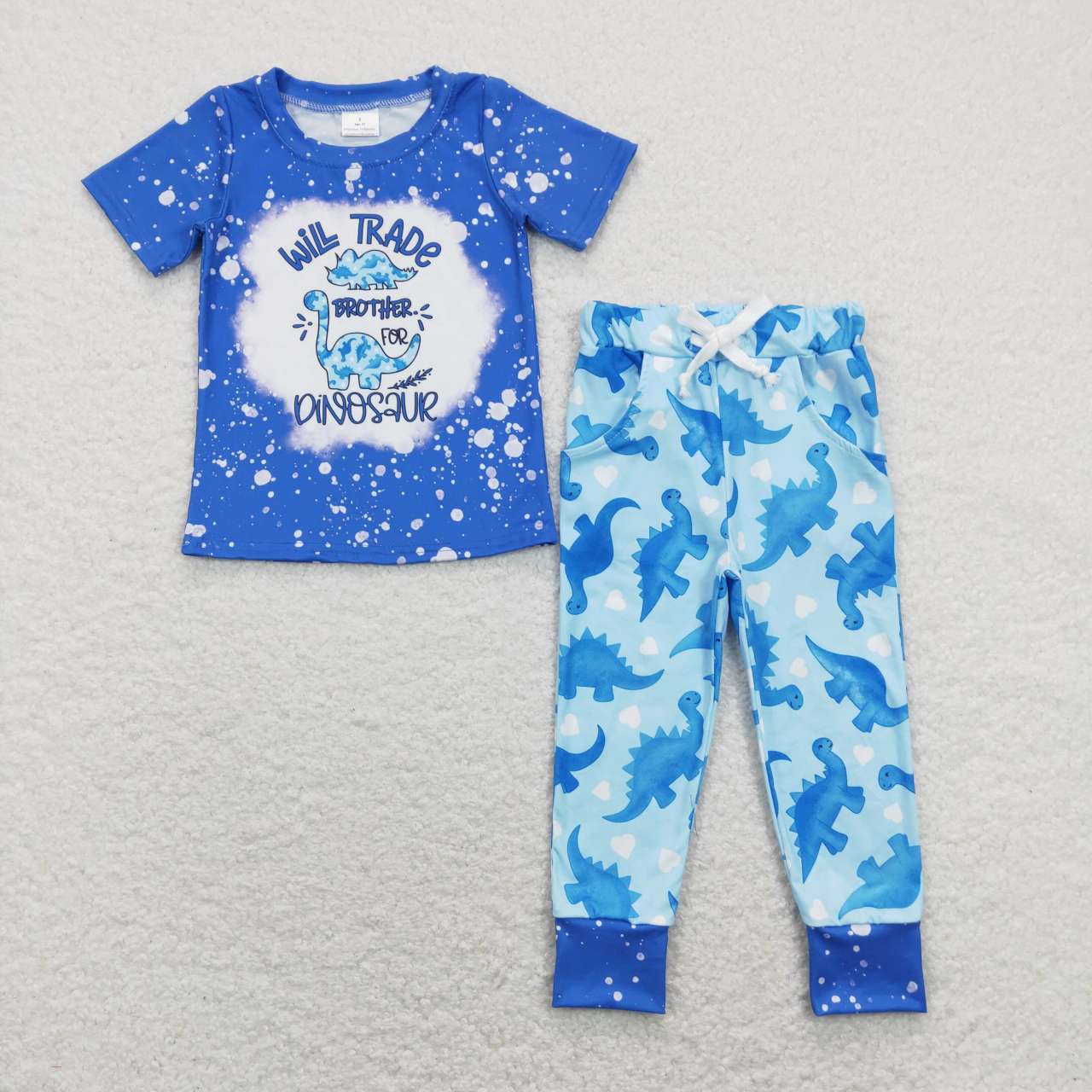 BSPO0277 Blue Dinosaur Boys Short Sleeve Bell Bottom Pants Outfits
