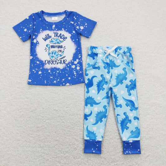 BSPO0277 Blue Dinosaur Boys Short Sleeve Bell Bottom Pants Outfits