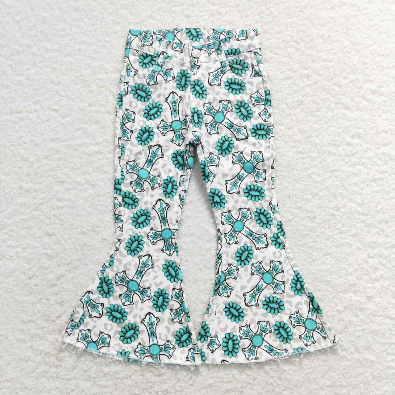 P0414 Green Blue Western Girls Denim Jeans