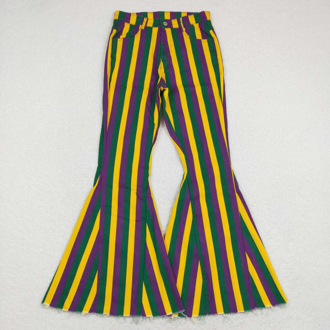 P0328 Adult Mardi Gras Green Yellow Purple Stripes Girls Bell Pants Denim Jeans