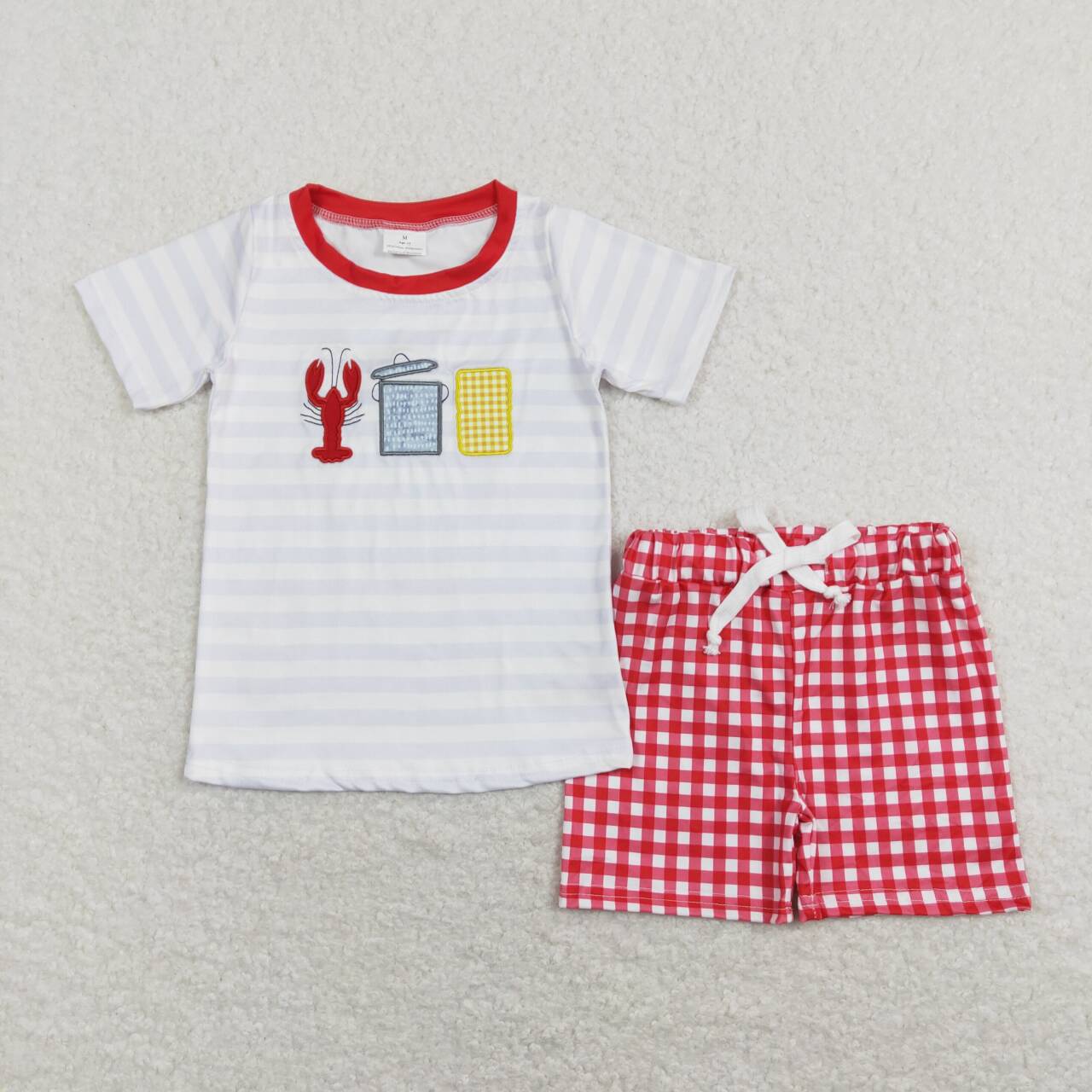 BSSO0419 Red Yellow Crayfish Embroidery Girls Short Sleeve Shorts Outfits