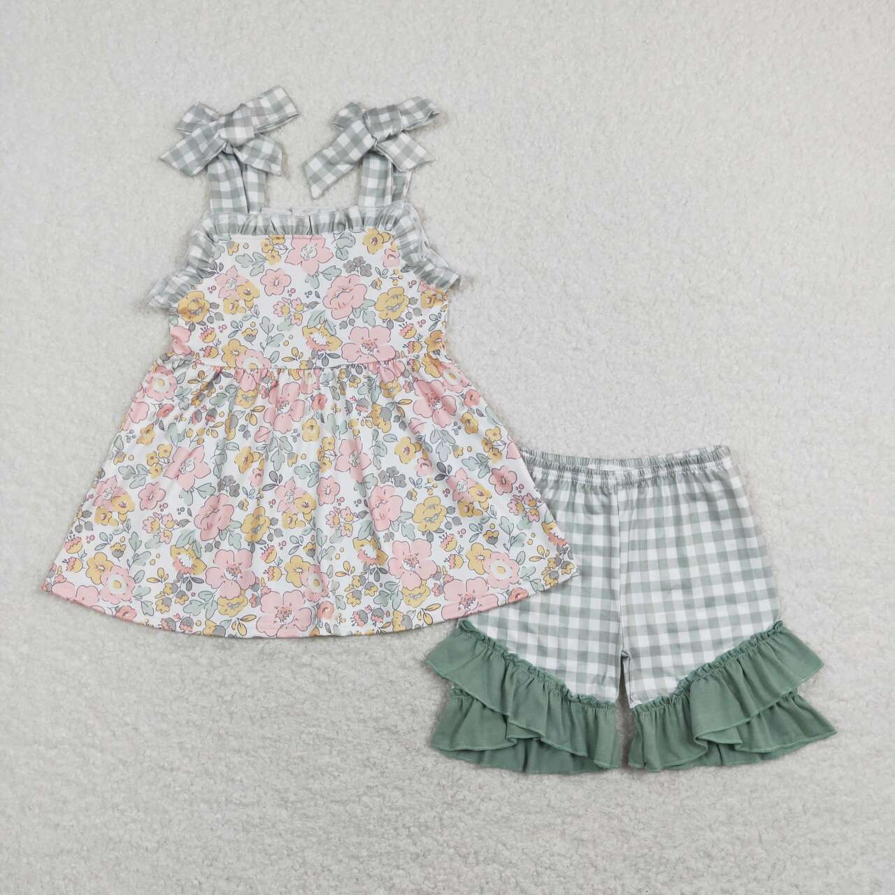 GSSO0565 Green Floral Print Girls Short Sleeve Shorts Outfits