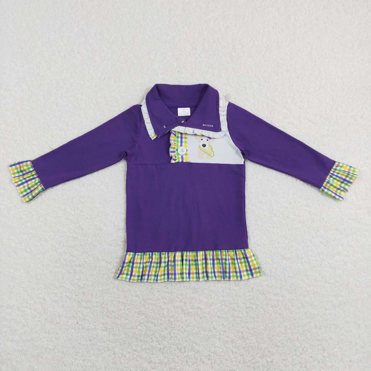 GT0412 Mardi gras Purple Green Winter Girls Long Sleeve Top Collar T-Shirts