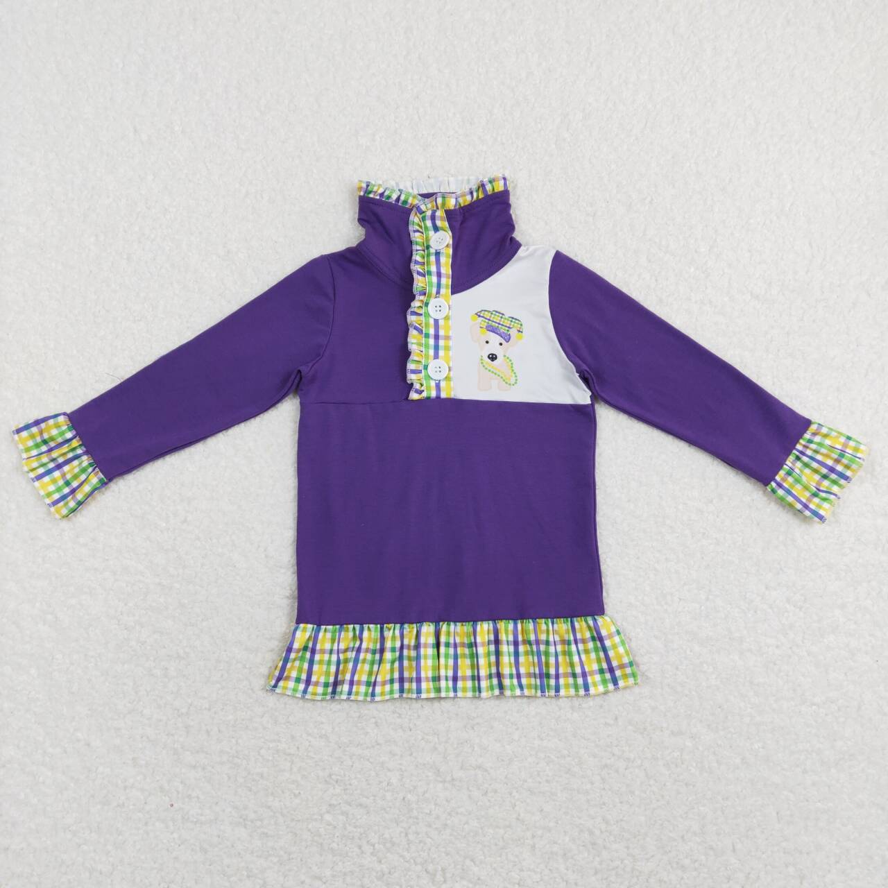 GT0412 Mardi gras Purple Green Winter Girls Long Sleeve Top Collar T-Shirts