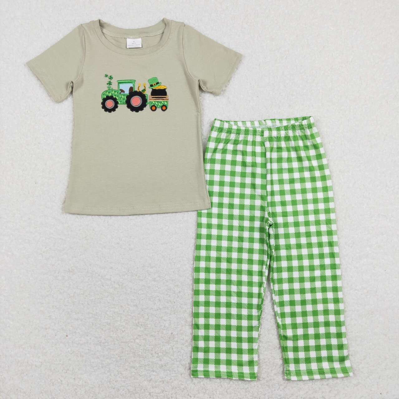 BSPO0276 St. Patrick Green Lucky Clover Embroidery Boys Short Sleeve Pants Outfits
