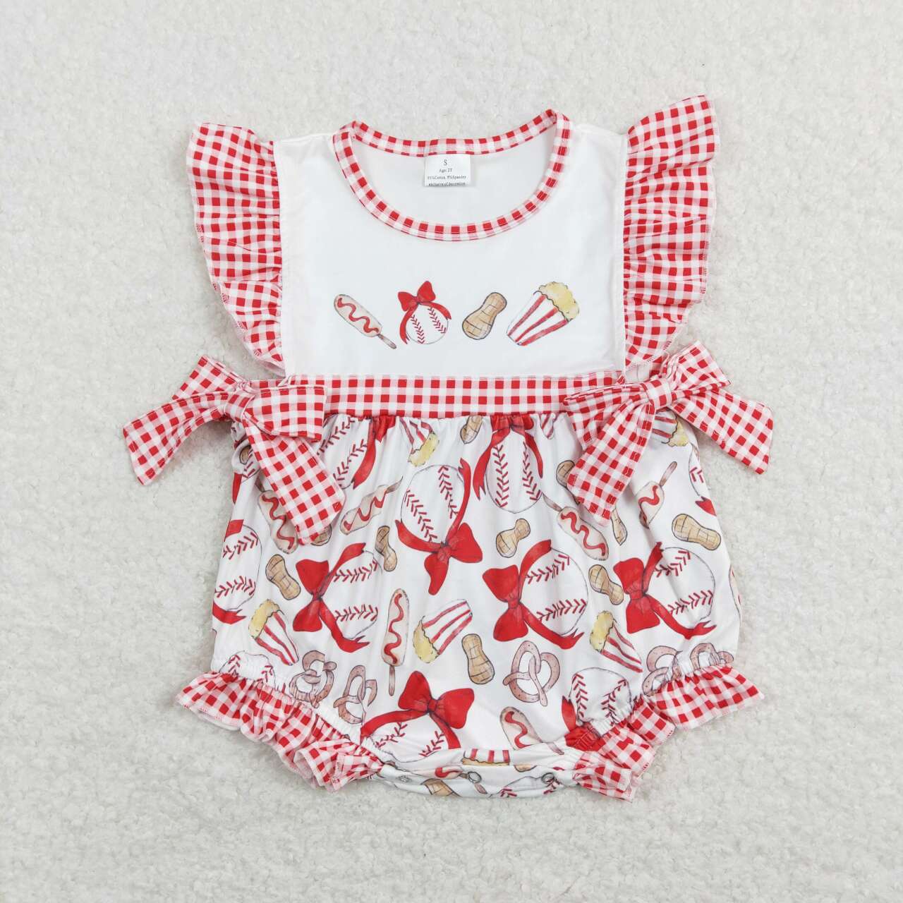 SR0848 Red Softball Embroidery Girls Short Sleeve Romper