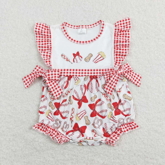 SR0848 Red Softball Embroidery Girls Short Sleeve Romper