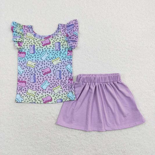 GSD0768 Easter Rabbit Leopard Purple  Dresses Girls Short Sleeve Shorts Outfits