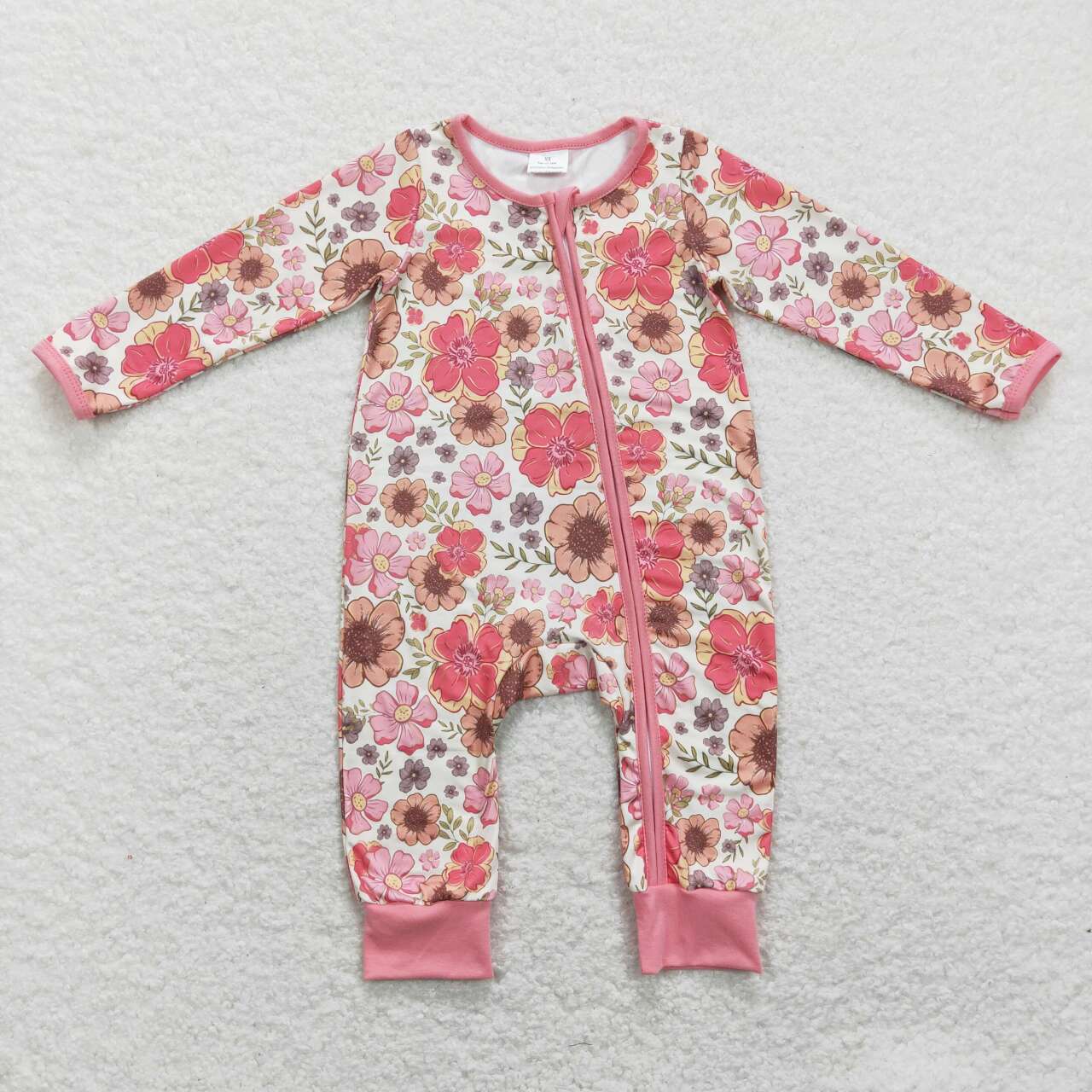 LR0895 Pink Floral Zipper Girls Long Sleeve Romper