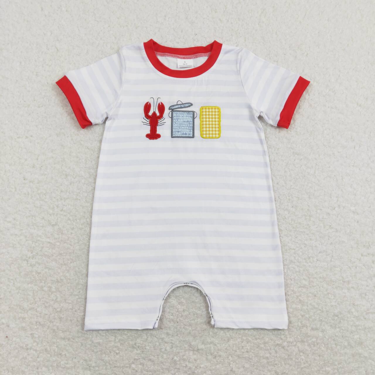SR0744 Red Crayfish Embroidery Girls Short Sleeve Romper