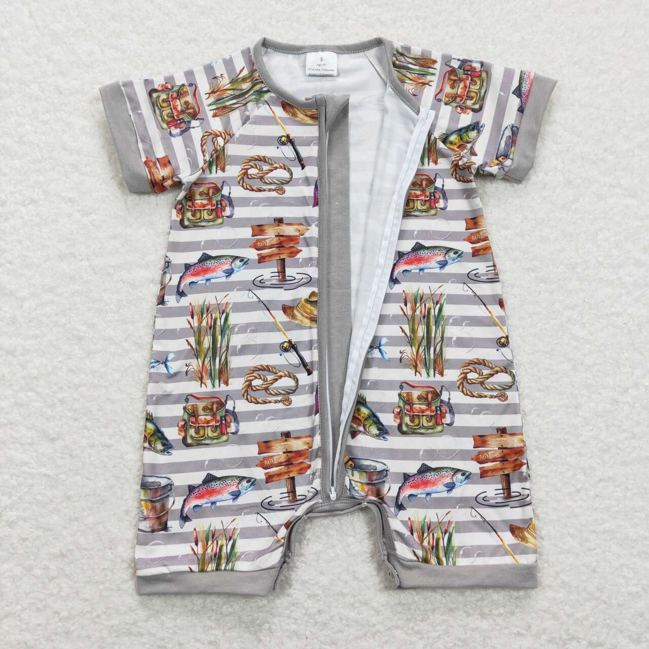 LR0842 grey fish Zipper Girls Long Sleeve Romper