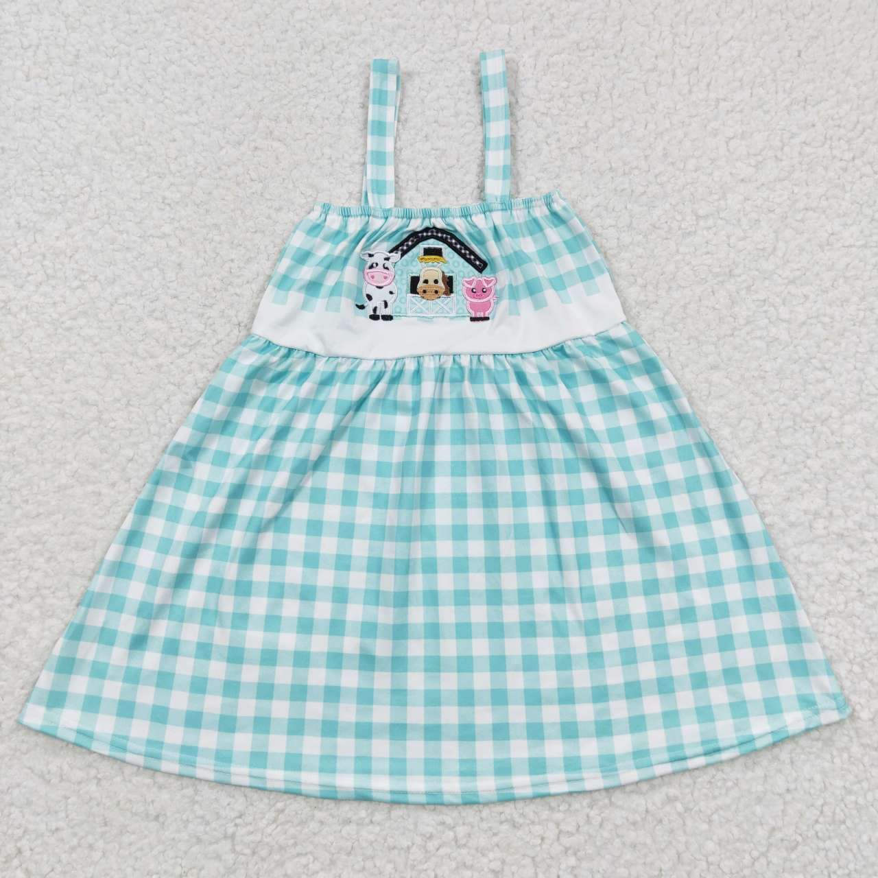 promotion RTS GSD0269 Blue Plaid Pig Cow Farm Embroidery Girls Short Sleeve Dresses