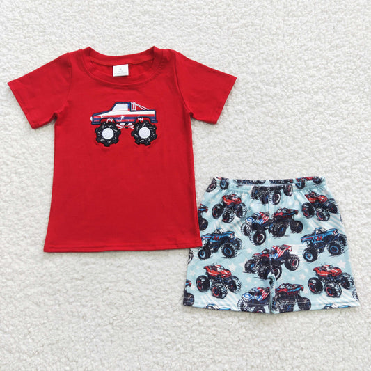 BSSO0185 4th of July Blue Truck Red Car Embroidery Boys Short Sleeve Shorts Outfits