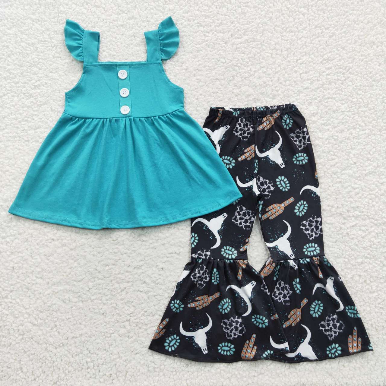 GSPO0581 Blue Highland Cow Leopard Western Cow Girls Short Sleeve Bell Bottom Pants Outfits