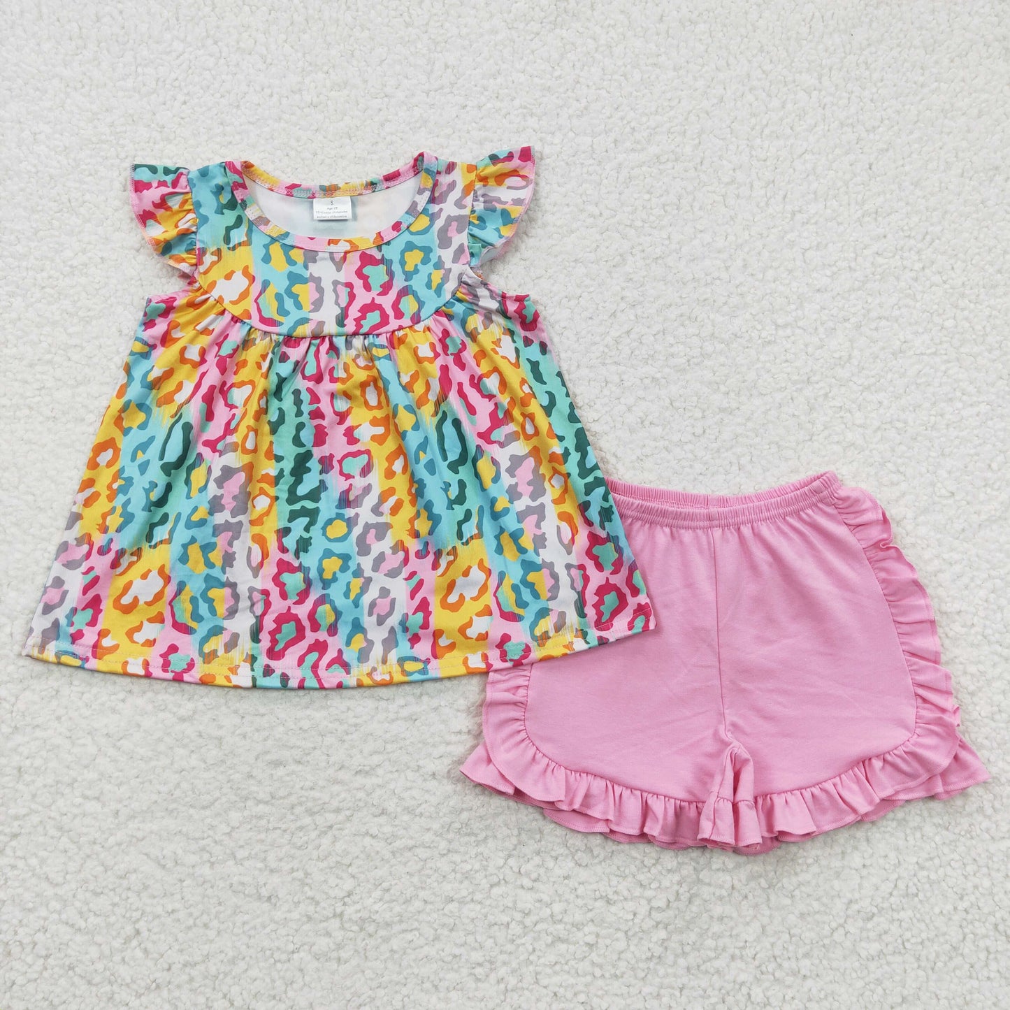 GSSO0311 Pink Leopard Girls Short Sleeve Shorts Outfits