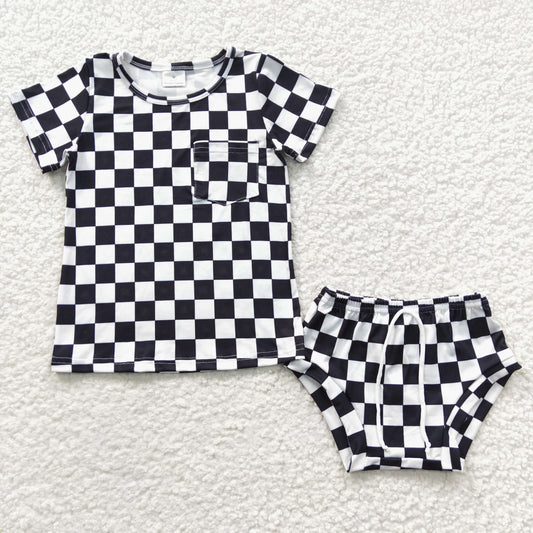 GBO0144 Black Plaid Girls Short Sleeve Bummies Outfits