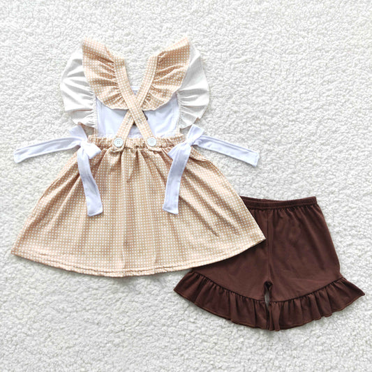promotion RTS GSSO0233 Cow Brown Embroidery Girls Short Sleeve Shorts Outfits