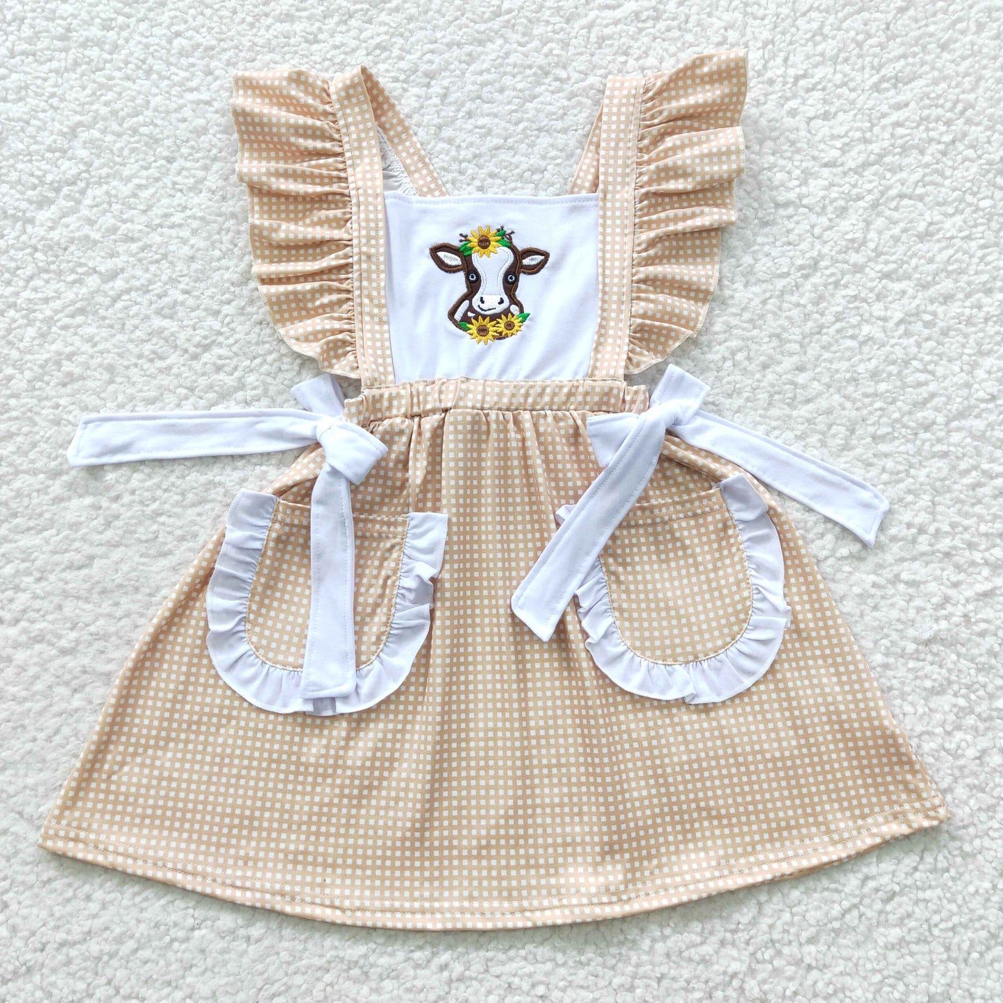 promotion RTS GSD0299 Pink Cow Sunflower Plaid Embroidery Pockets Bow Ruffles Girls Short Sleeve Dresses
