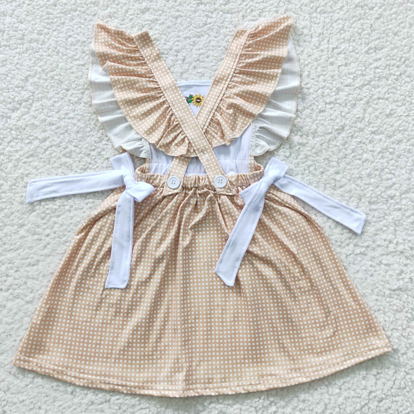 promotion RTS GSD0299 Pink Cow Sunflower Plaid Embroidery Pockets Bow Ruffles Girls Short Sleeve Dresses