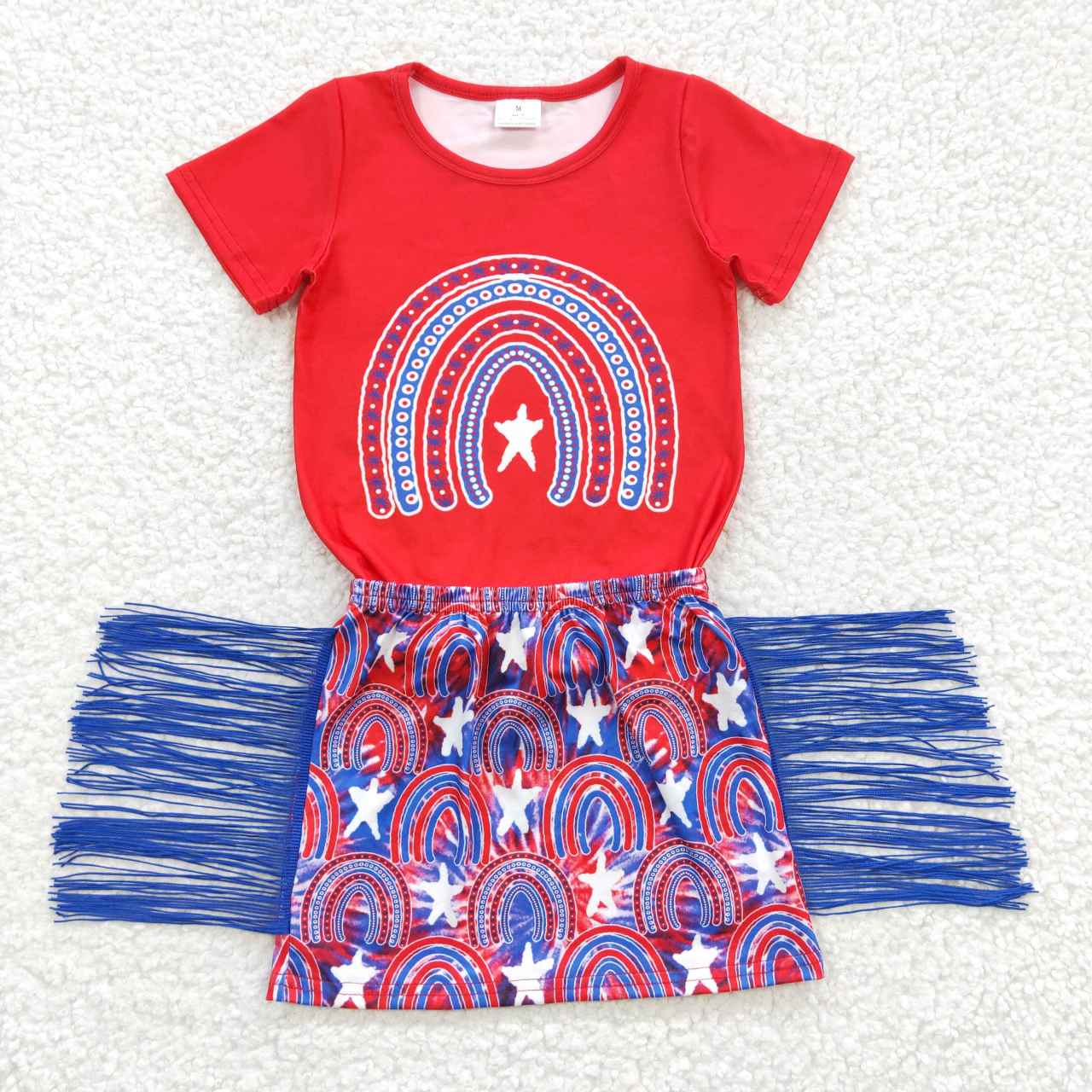 GSD0338 4th Of July Red Blue Pink Leopard Babe Tassel Girls Short Sleeve With Skirt Dresses Outfits
