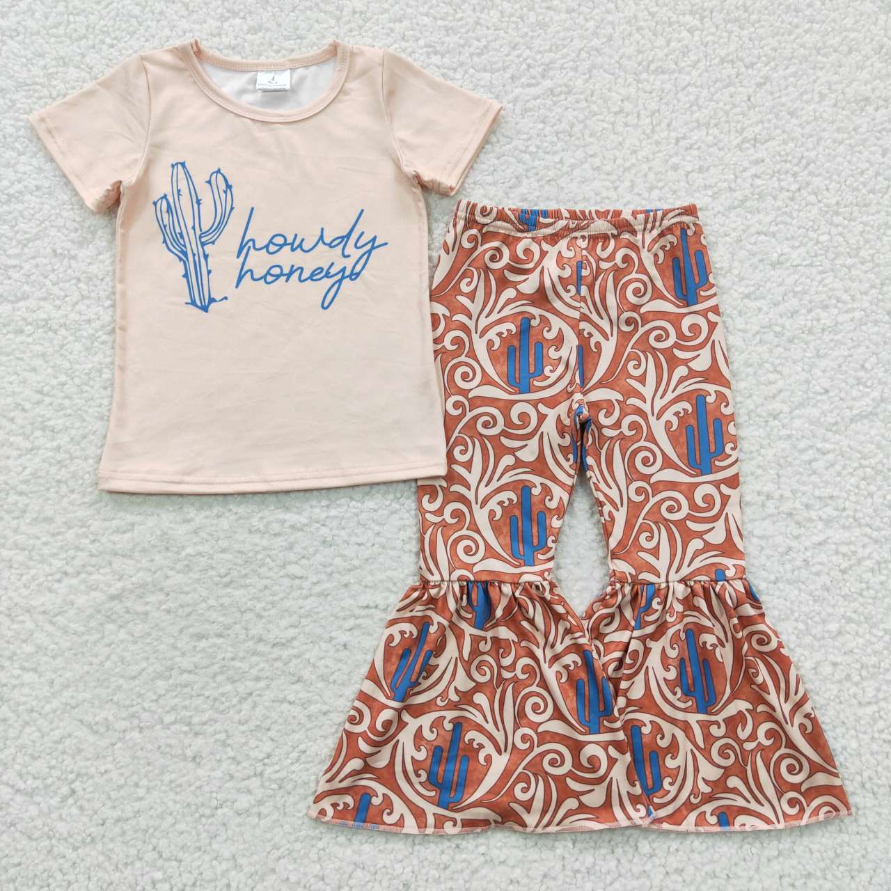 GSPO0559 Howdy Cactus Western Girls Short Sleeve Bell Bottom Pants Outfits