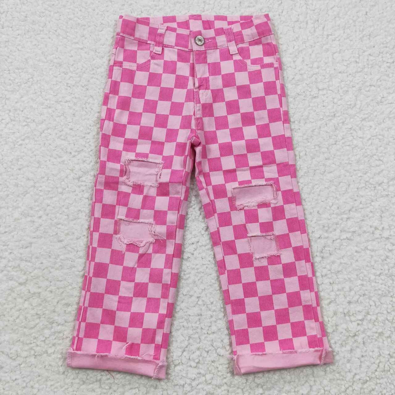 P0096 Pink Plaid Distress Girls Denim Jeans