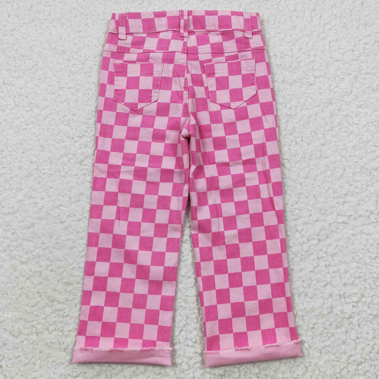 P0096 Pink Plaid Distress Girls Denim Jeans