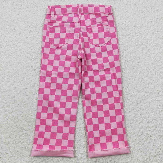 P0096 Pink Plaid Distress Girls Denim Jeans