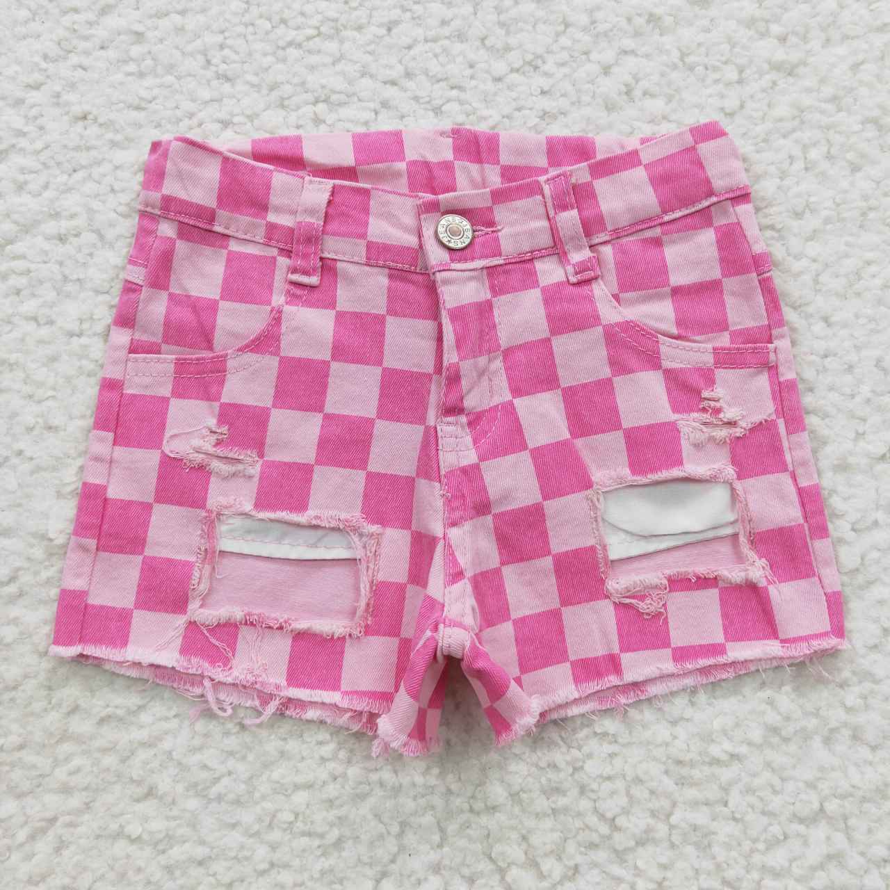 SS0092 Pink Plaid Distress Girls Shorts Denim Jeans