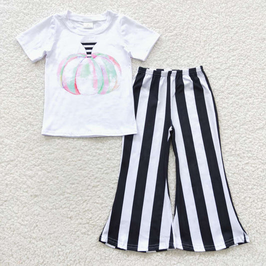 Promotion RTS A7-5 Halloween Pumpkin Black Stripes Girls Short Sleeve Bell Bottom Pants Outfits