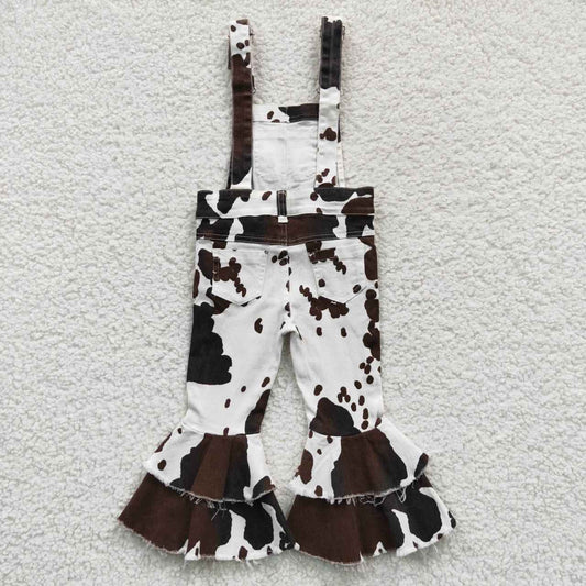 P0084 Brown Cow Print Distress Overalls Double Ruffles Denim Jeans