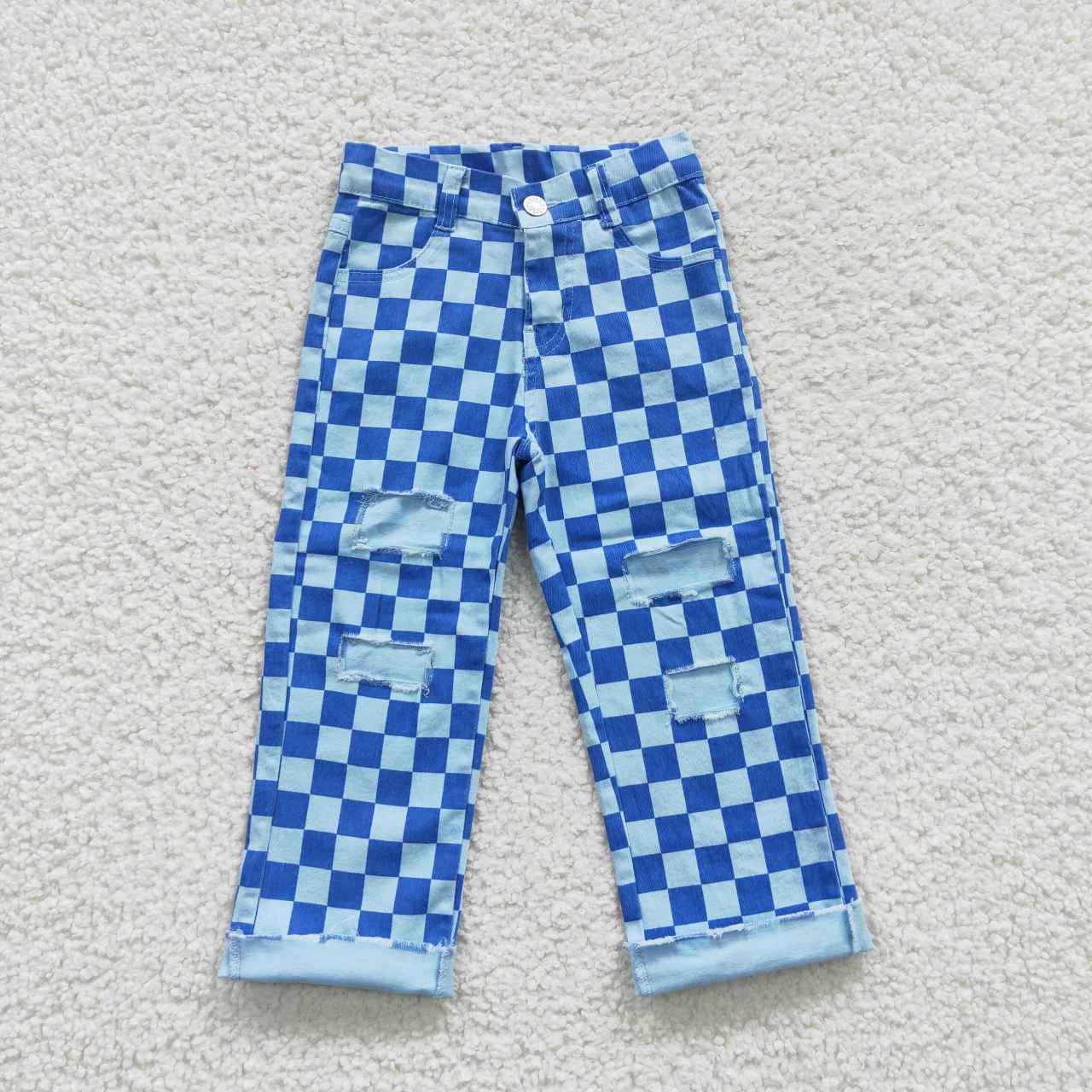 P0097 Blue Plaid Distress Girls Denim Jeans