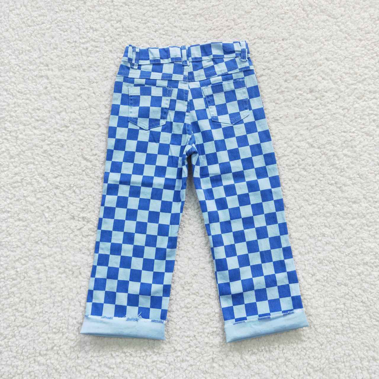 P0097 Blue Plaid Distress Girls Denim Jeans