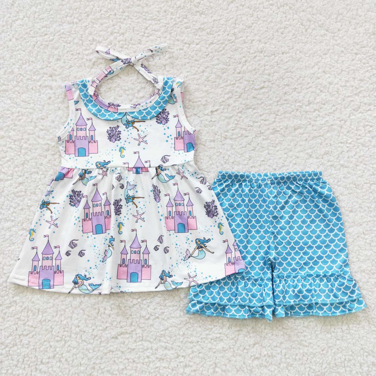 GSSO0304 Blue Mermaid Castle Cartoon Girls Short Sleeve Shorts Outfits