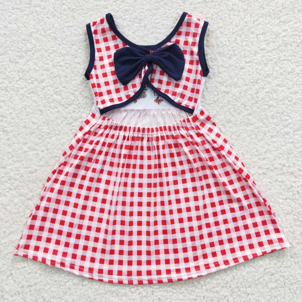 GSD0330 4th Of July Red Blue Plaid Flag Firework Embroidery Girls Short Sleeve Dresses