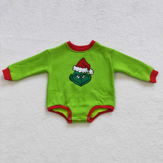 LR0277 Christmas Green Red Cartoon Girls Long Sleeve Romper