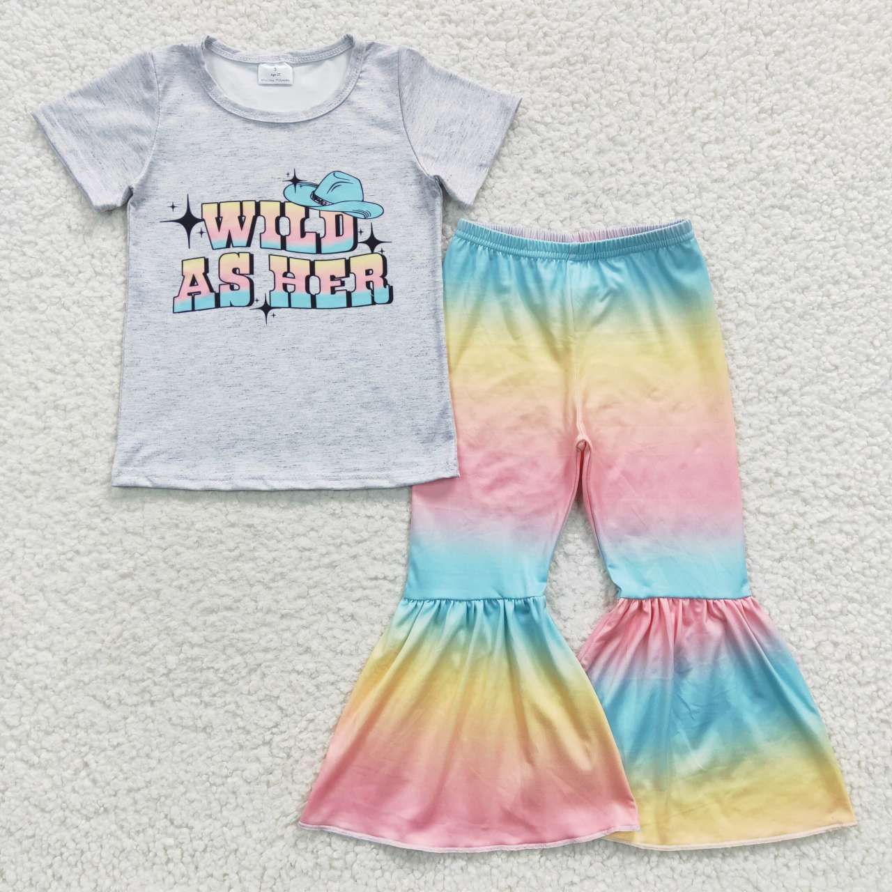 GSPO0656 Wild As Her Grey Pink Blue Hat Girls Short Sleeve Bell Bottom Pants Outfits