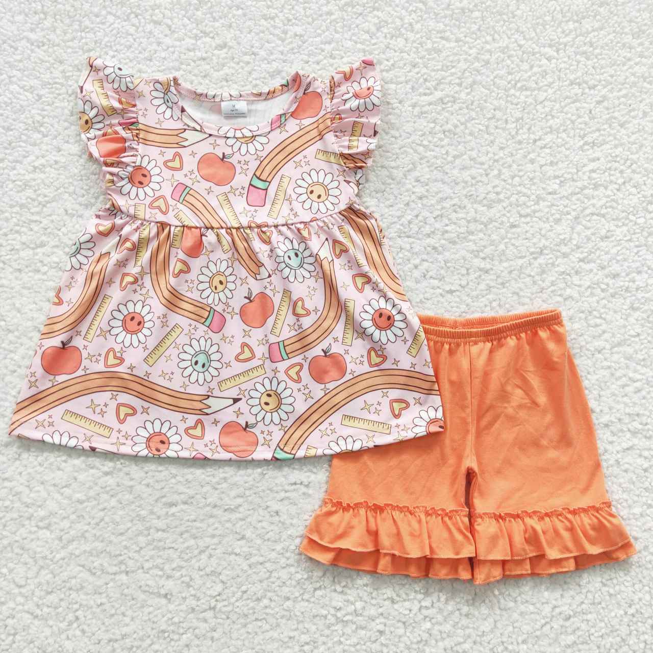 GSSO0320 Orange Pencil Apple back To School Girls Flutter Sleeve Shorts Outfits