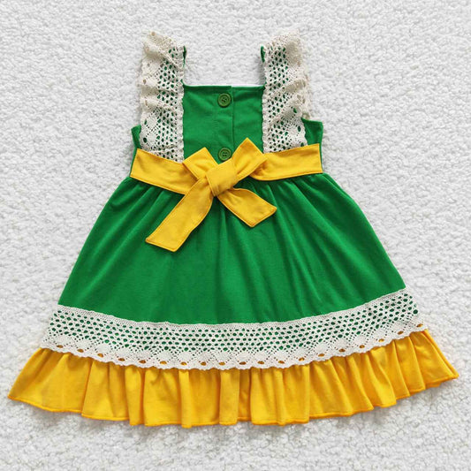 promotion RTS C9-10 Halloween Pumpkin Yellow Lace Ruffles belt Girls Short Sleeve Dresses
