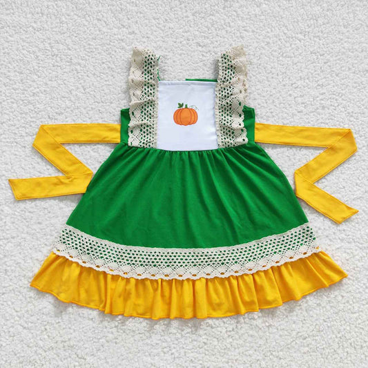 promotion RTS C9-10 Halloween Pumpkin Yellow Lace Ruffles belt Girls Short Sleeve Dresses