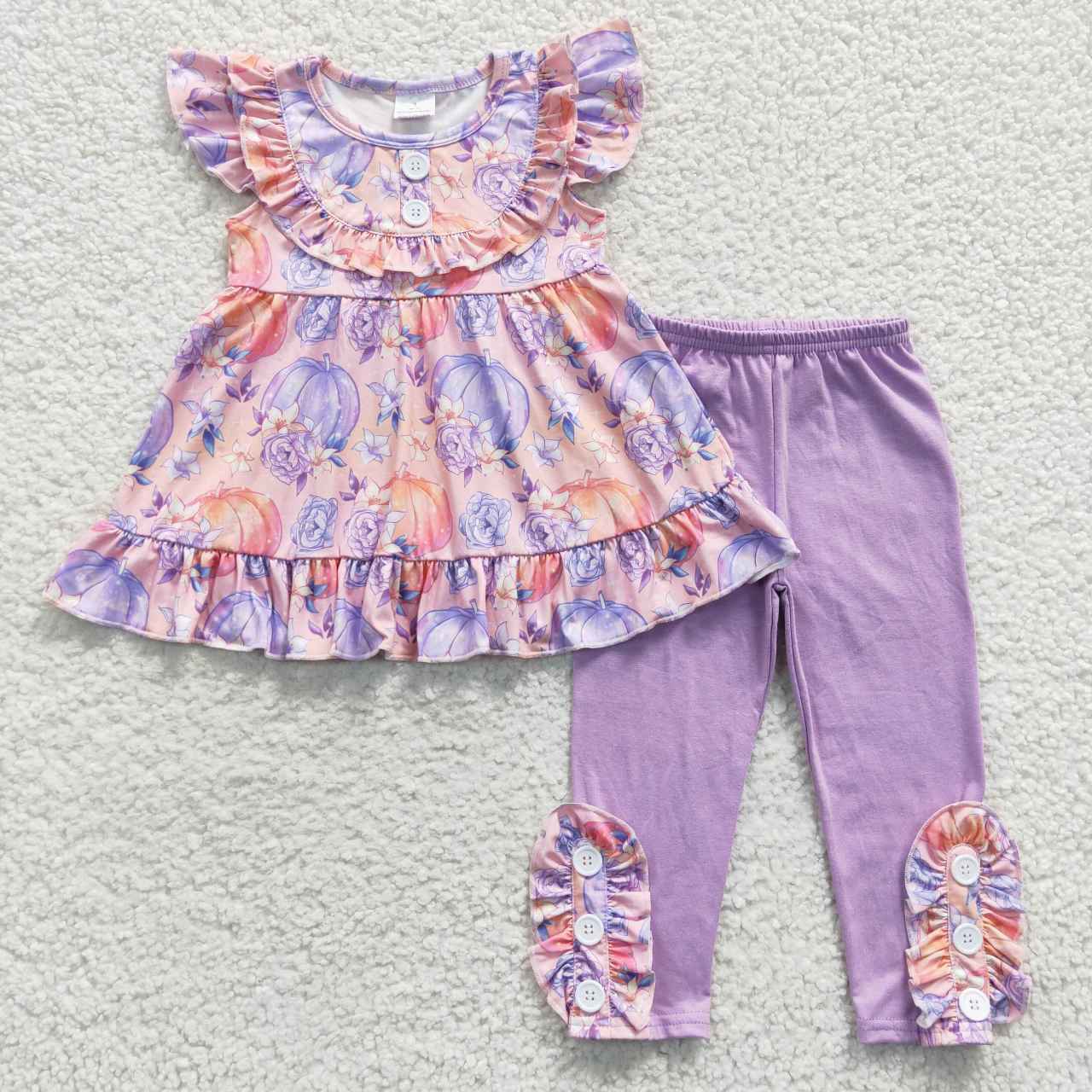 GSPO0616 Halloween Pumpkin Ruffles Purple Tunic Girls Short Sleeve Pants Outfits