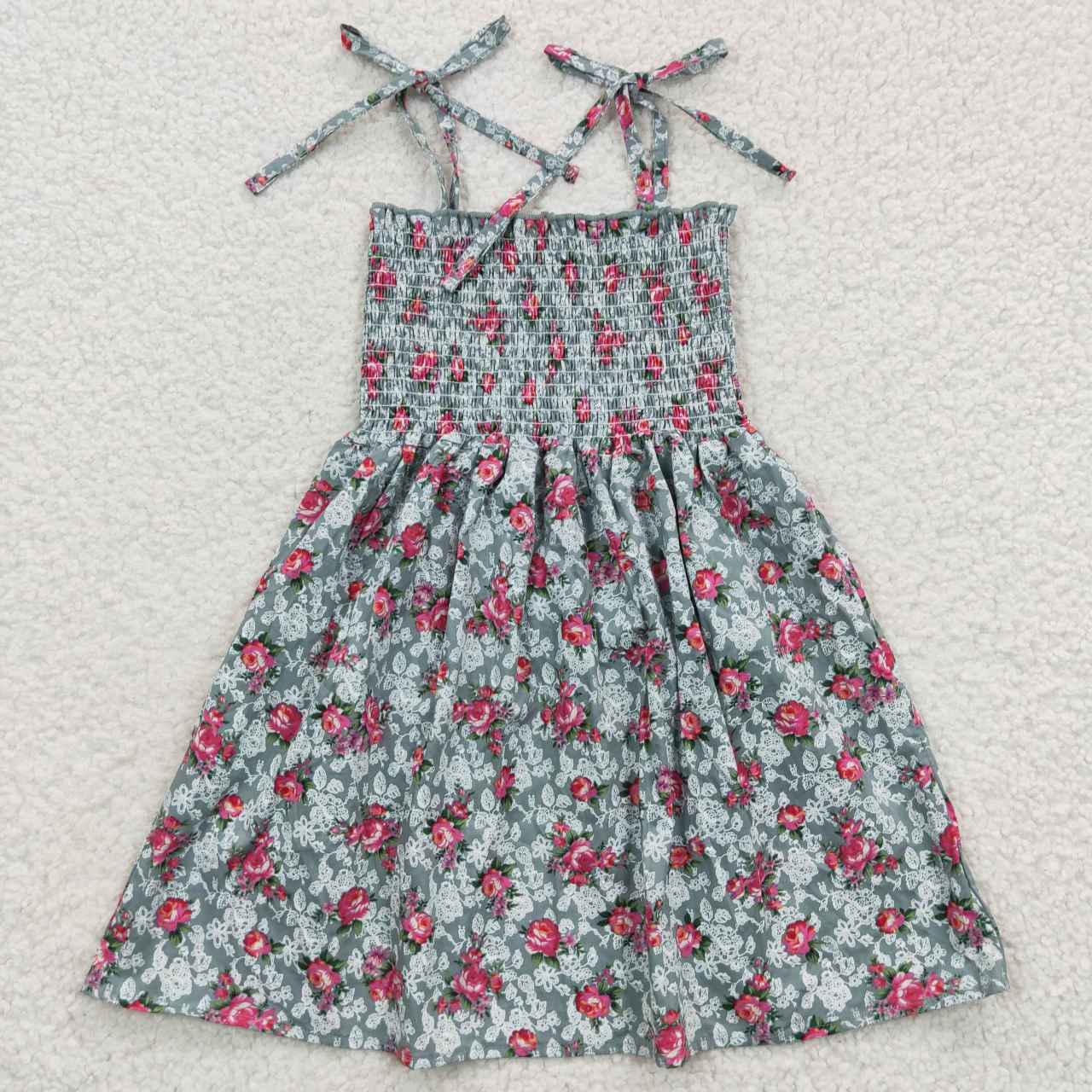 GSD0378 Red Blue Floral Girls Short Sleeve Dresses