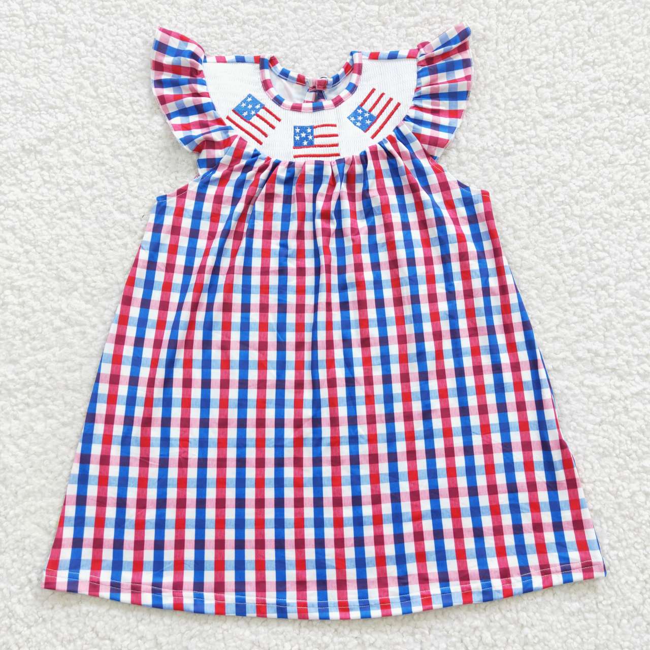 GSD0387 4th Of July Blue Red Flag Embroidery Girls Short Sleeve Dresses