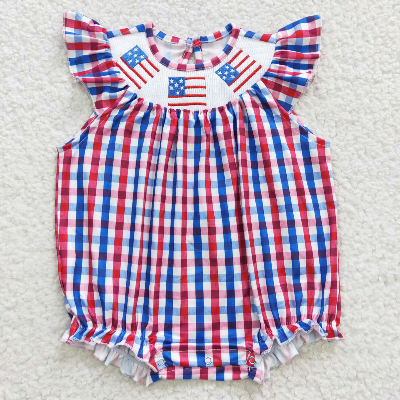 SR0388 4th Of July Blue Red Flag Embroidery Girls Short Sleeve Romper